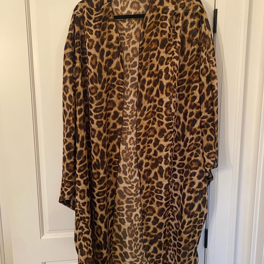 Leopard Print Sheer Kimono Cape - Brown/Cream